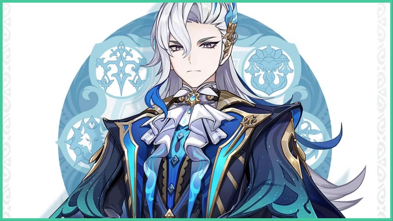 feature image for our genshin impact neuvillette tier list that features official art of neuvillette as he scowls with his hair flowing