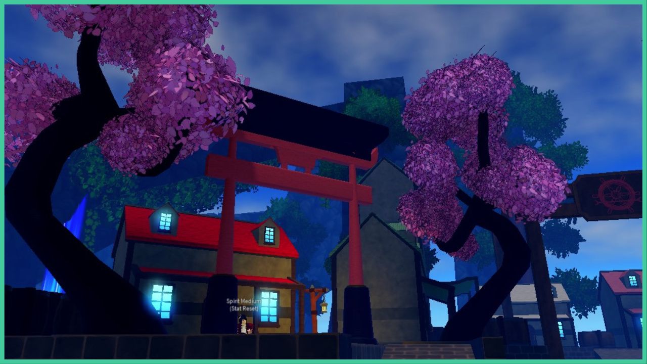 feature image for our haze piece gear 2 guide, the image features a screenshot from the game lobby of a large tori gate that stands in front of a small homely building, there are two tall sakura trees next to the tori gate as a spirit medium stands outside the house