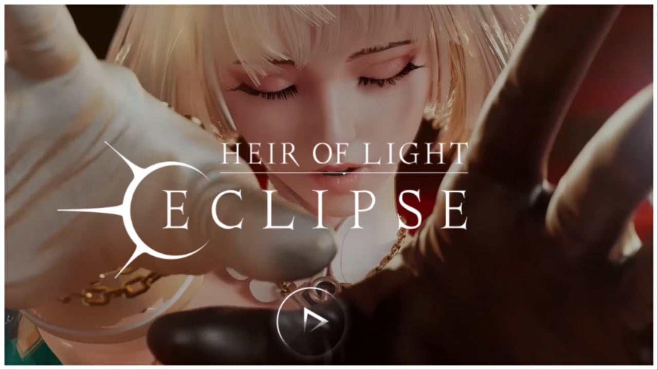 The image shows the character extending hands towards the viewer. She is wearing one white glove and one black glove (Nice contrast!) The character is a blonde female angel. In front of her animation is the Heir of Light Eclipse logo