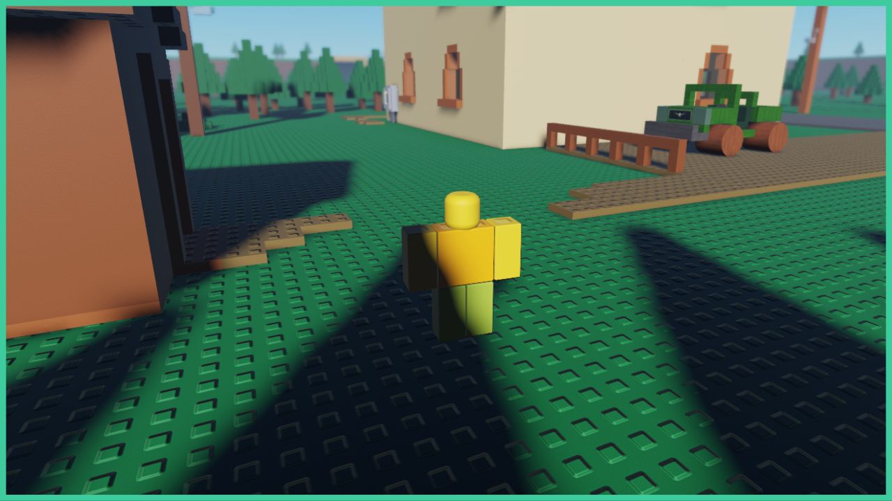 feature image for our how to beat residence massacre guide, the image features a screenshot from the start of the game as the roblox player stands by a shed in the garden while looking out to the house and car that is parked next to it, the house is surrounded by trees and the ground has large shadows of trees from behind the player