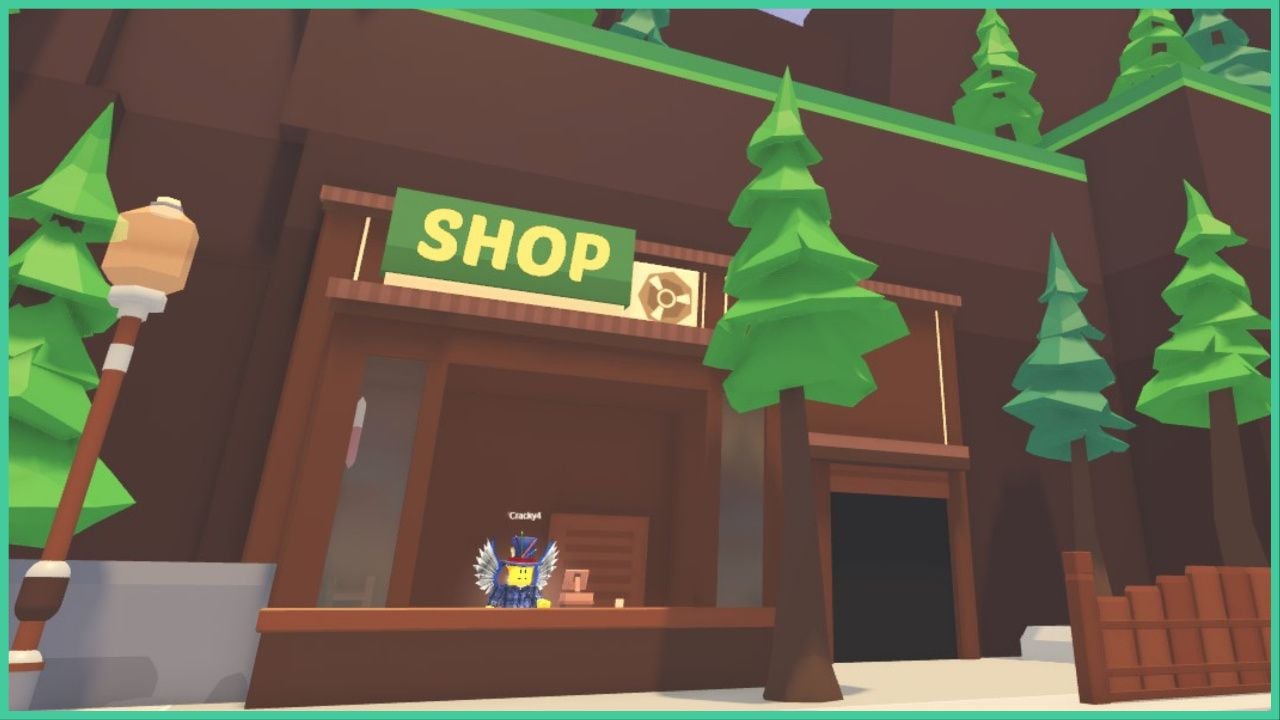 feature image for our how to get armor in break in 2 guide, the image features a screenshot from the main lobby of the game, with the game's shop as the shop NPC stands behind the counter wearing a top hat and wings by the cash register, there is a sign that reads "shop" above the stall, as the shop is surrounded by tall hills and pine trees