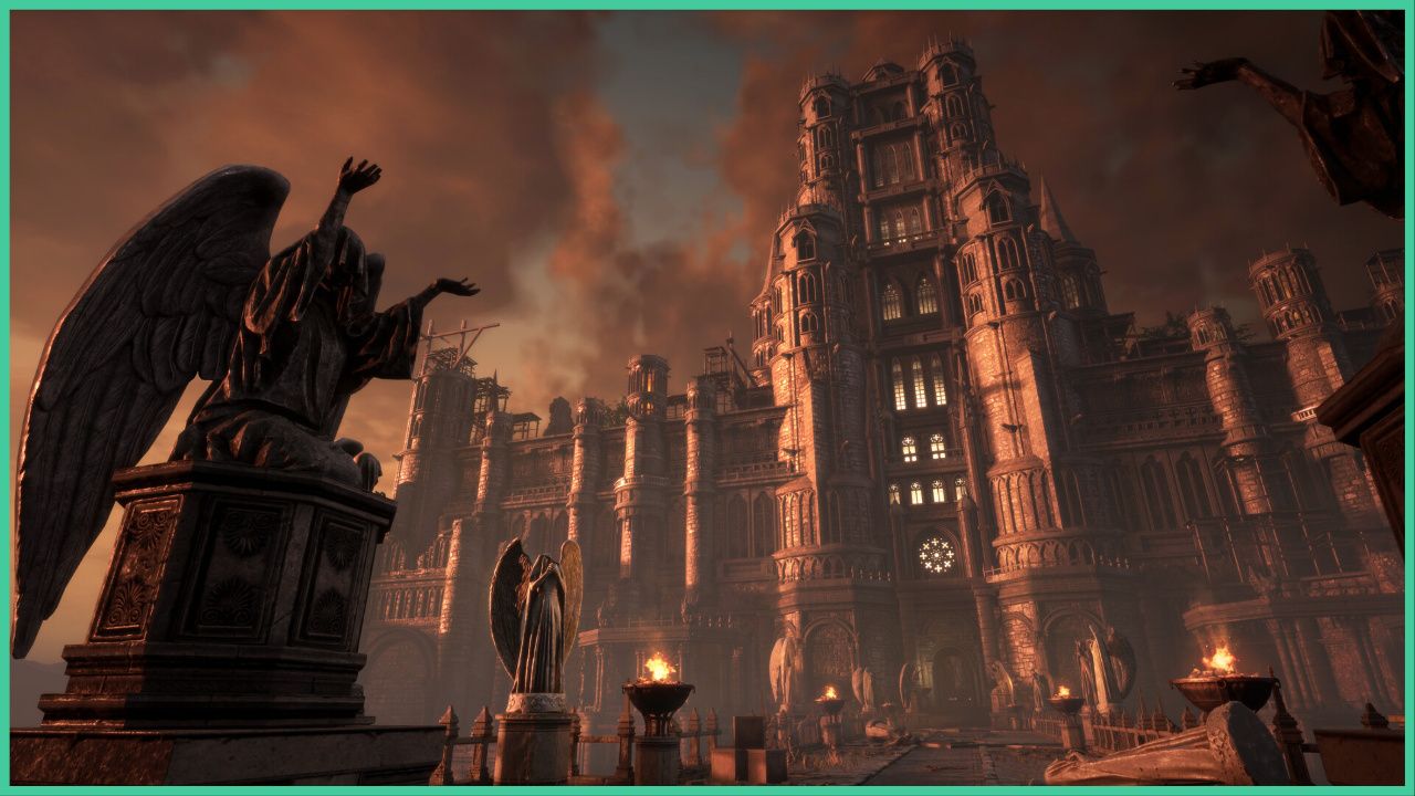 feature image for our lies of p chapters guide, the image features a promo screenshot for the game of a large imposing cathedral, there is a long path leading up to the cathedral with stone statues of angels with lit torched, the sky is full of dark clouds