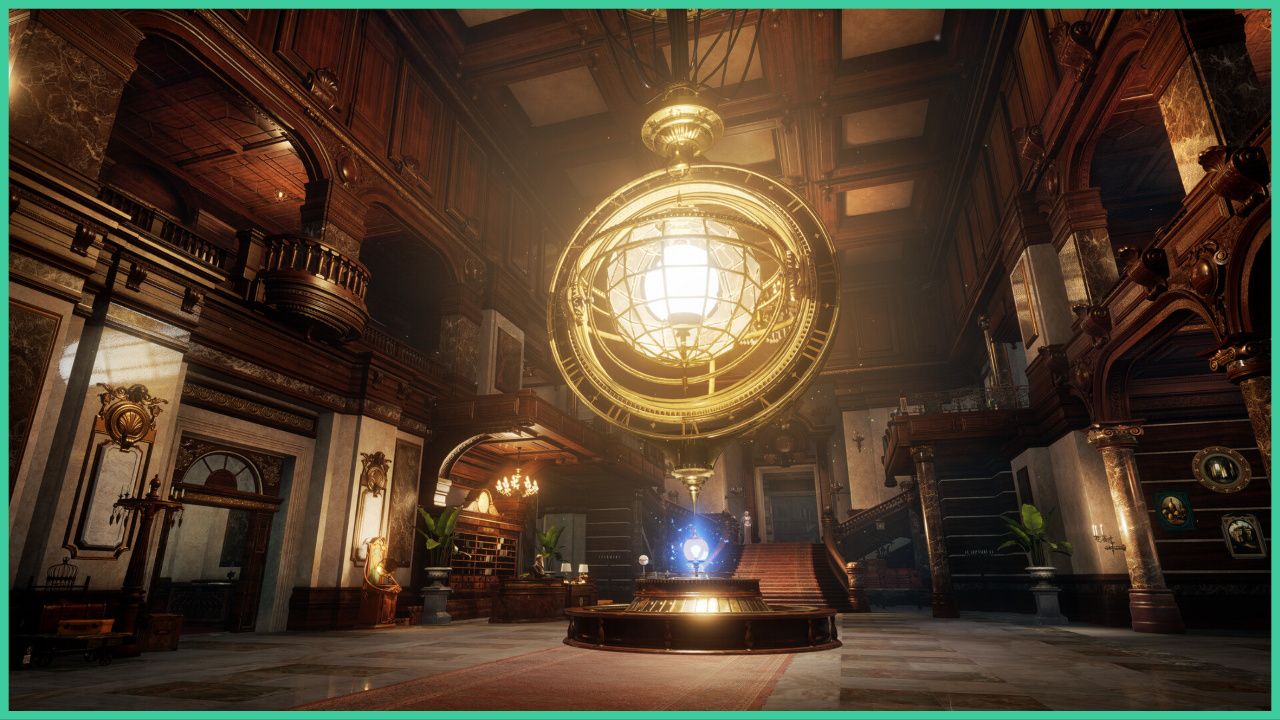 feature image for our lies of p dex build guide, the image features a screenshot of a fancy building from the game, there a wooden beams, and a large staircase that leads upstairs, there is a reception desk with a staff member behind and a bookshelf behind the receptionist, there is a large glowing metal sculpture in the middle of the hall