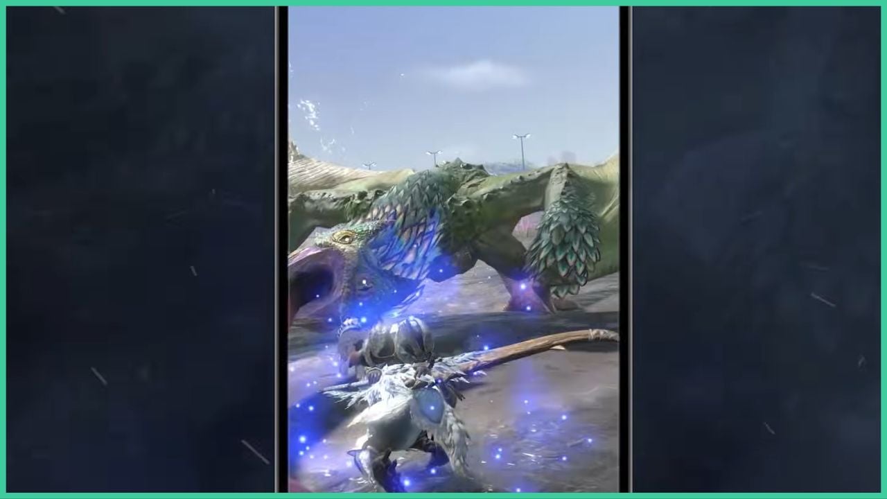 feature image for our monster hunter now chapters guide, the image features a screenshot from a promo video for the game of gameplay on a phone that shows a character wielding a sword to attack the large monster with wings as city streetlamps stand in the background