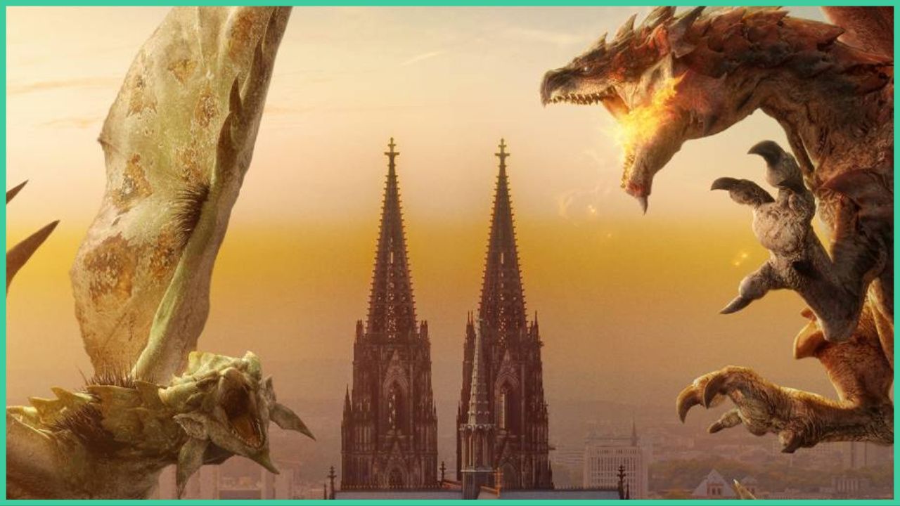 feature image for our monster hunter now codes guide, the image features promo art for the game of two dragons taking part in combat against each other in the air, one is breathing fire and the other is roaring, there is a large cathedral behind them