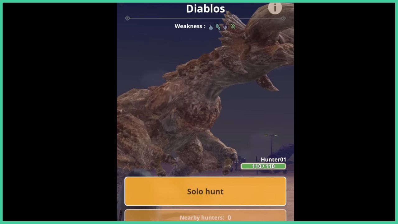 feature image for our monster hunter now diablos guide, the image features a screenshot from a promo video for the game of the diablos monster, its weaknesses are listed at the top with symbols to show ice, water and thunder as well as the "solo hunt" button