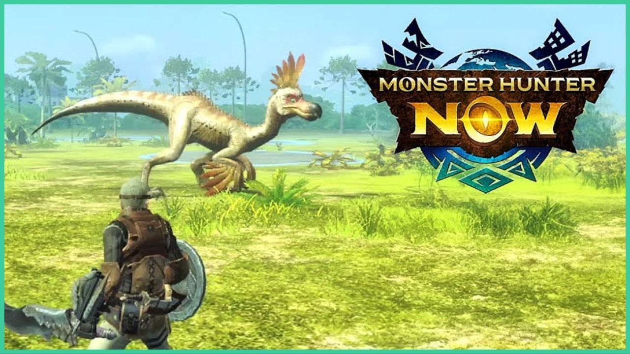 feature image for our monster hunter now party guide, the image features a screenshot from the game of a character holding a sword and shield as they watch a monster walk past on the grassy field