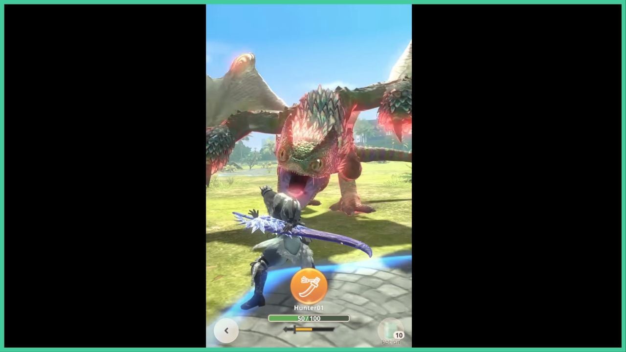 feature image for our monster hunter now rathalos guide, the image features a screenshot of a promo video for the game of a character holding their sword behind their shoulder as they get ready to attack a large dragon who is roaring at the player while they are surrounded by grass, plants, and trees