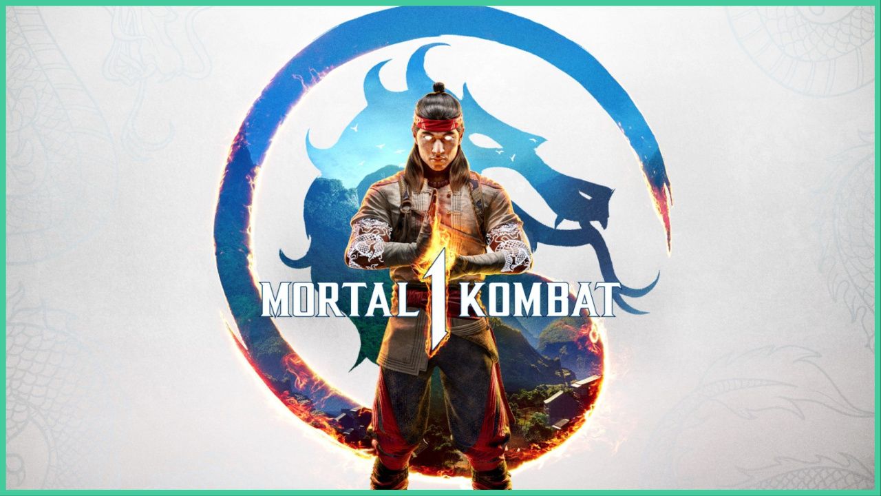 feature image for our mortal kombat 1 krypt guide, the image features promo art for the game of a character with glowing white eyes as they put their palms together to create flames, the game's dragon logo is behind them that is covered in flames and gives a glimpse of a mountain range