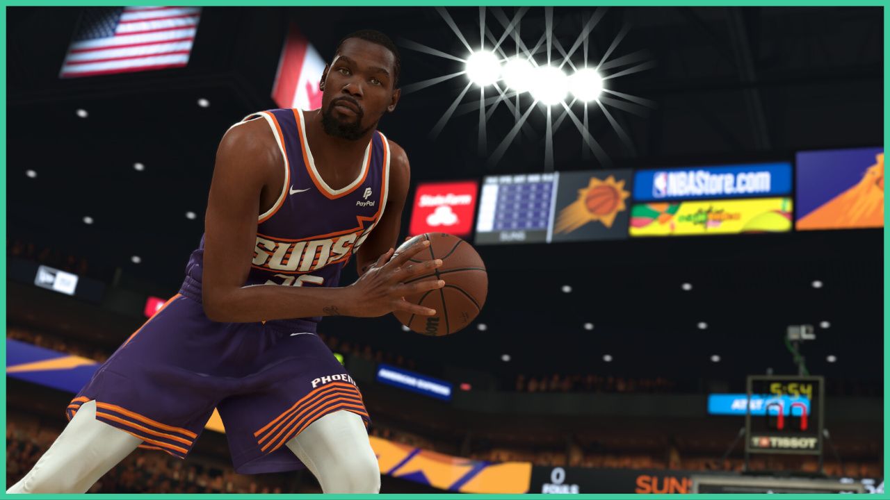 feature image for our NBA 2K24 animation requirements guide, the image features a screenshot of a basketball player who is holding a basketball about to lunge forwards to bounce it on the ground, they are in the middle of a basketball match with a large crowd in the seats around the sports hall