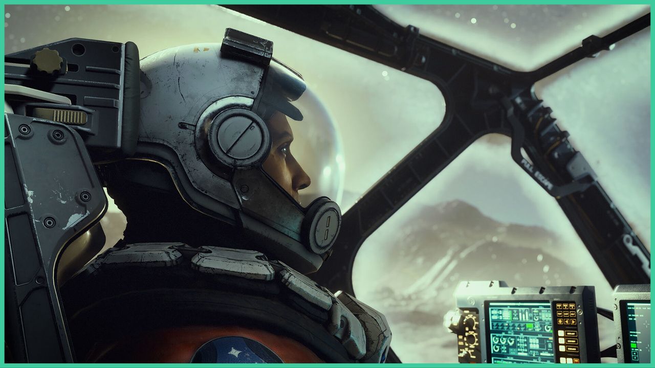 feature image for our starfield backgrounds tier list, the image features a promo screenshot of one of the space explorers from the game inside of a spaceship as they look out of the windows of the ship, there is a blurry view of the planet that they are on with rocks and stars in the sky, the astronaut has their helmet on as they sit inside the spacecraft with screens in front of them that control the spaceship
