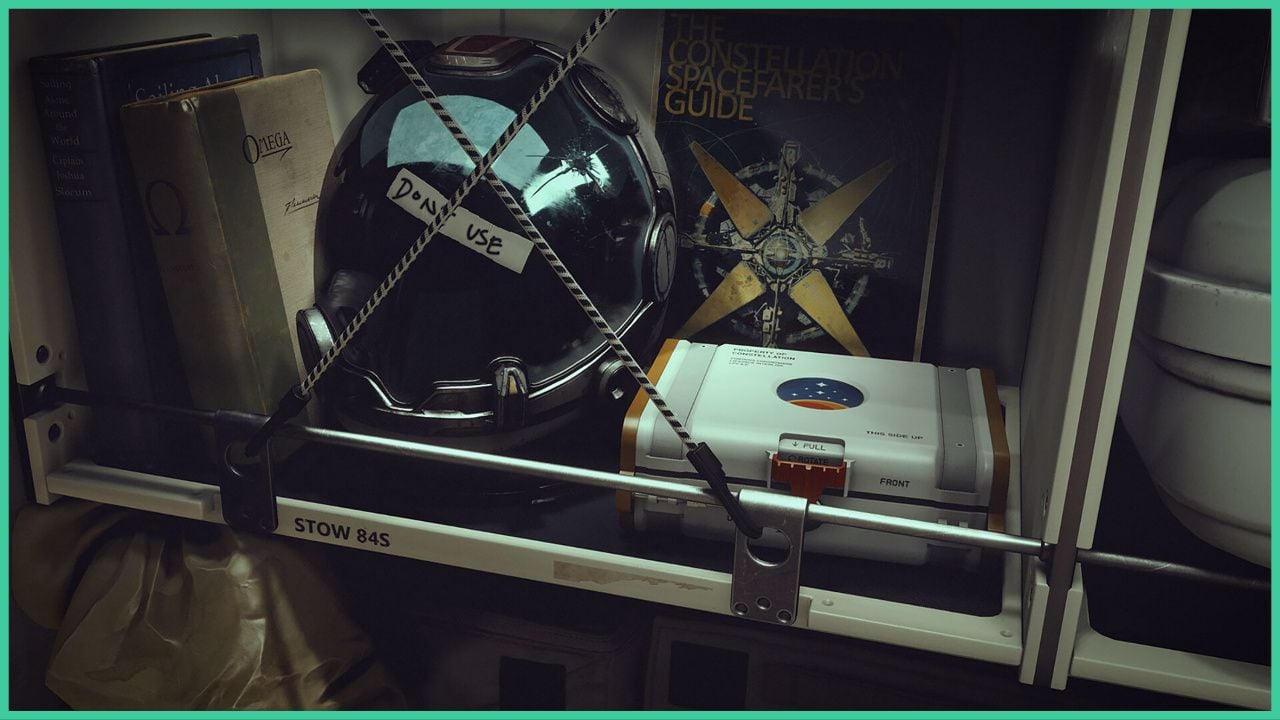 feature image for our starfield best ships guide, the image features a screenshot of a shelf in the game, which has a helmet with a sticker that has "do not use" written on it, as well as a guidebook on Constellation Seafarer's, a box that looks like a med kit, and 2 books