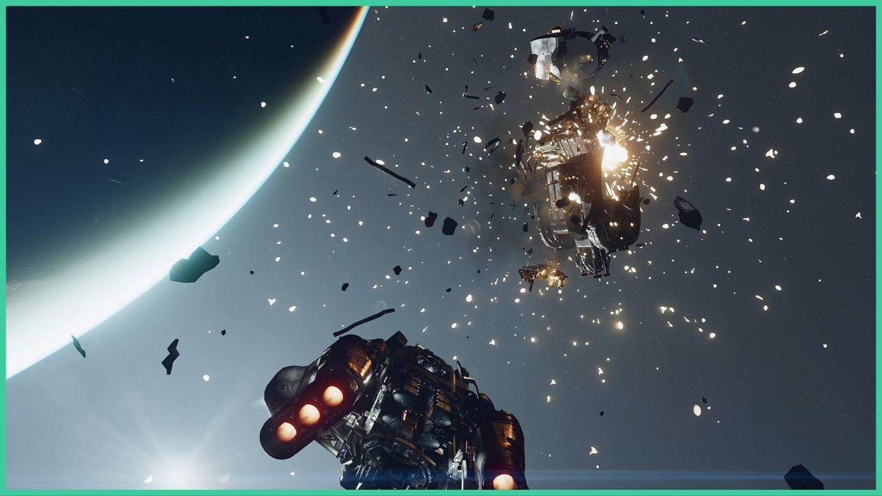 feature image for our starfield fov guide, the image features a screenshot of two spaceships taking part in combat close by to a planet, there is spaceship debris floating around as sparks fly from the spaceship that is furthest away