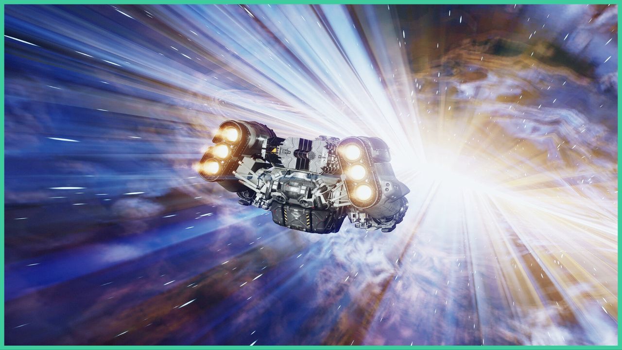 feature image for our starfield traits tier list, the image contains a promo screenshot of the game of a spaceship zooming through the galaxy as the surrounding area blurs to show how fast the spaceship is moving forwards