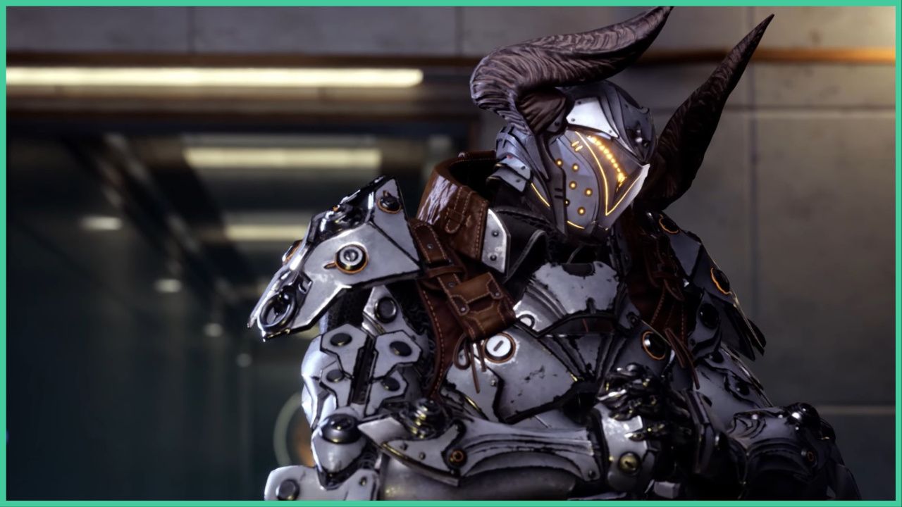 feature image for our the first descendant ajax build guide, the image features a screenshot from a game trailer of ajax as he wears a metal suit with horns, there is a long hallway behind him with lights on the ceiling