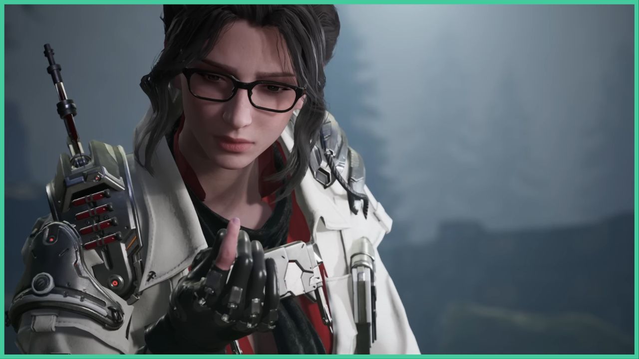 feature image for our the first descendant gley build guide, the image features a screenshot from the game's trailer of gley looking down at her hand after she's touched the ground, she wears glasses and has a robotic structure on her shoulder