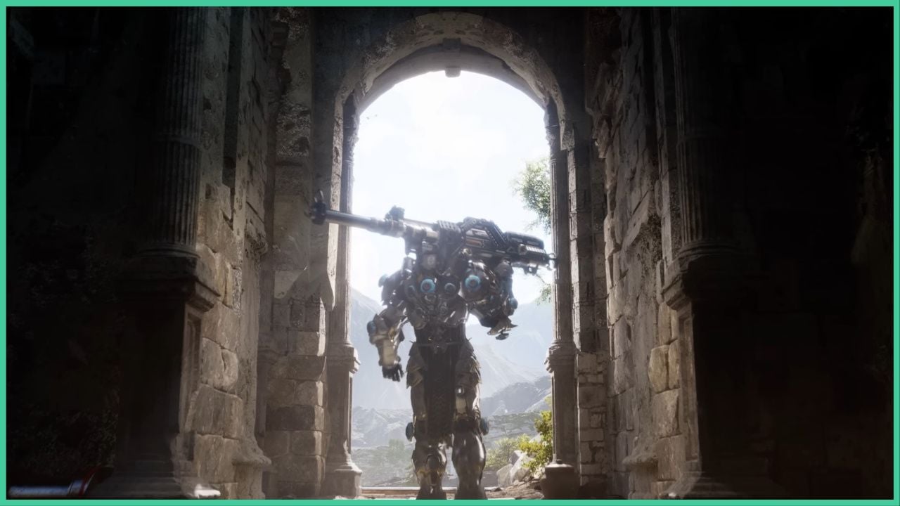 feature image for our the first descendant kyle build guide, the image features a screenshot from the game's trailer of a character in metal armor who is holding a large machine gun over there shoulder as he walks towards a stone archway, with the view of tall mountains, trees and plants outside