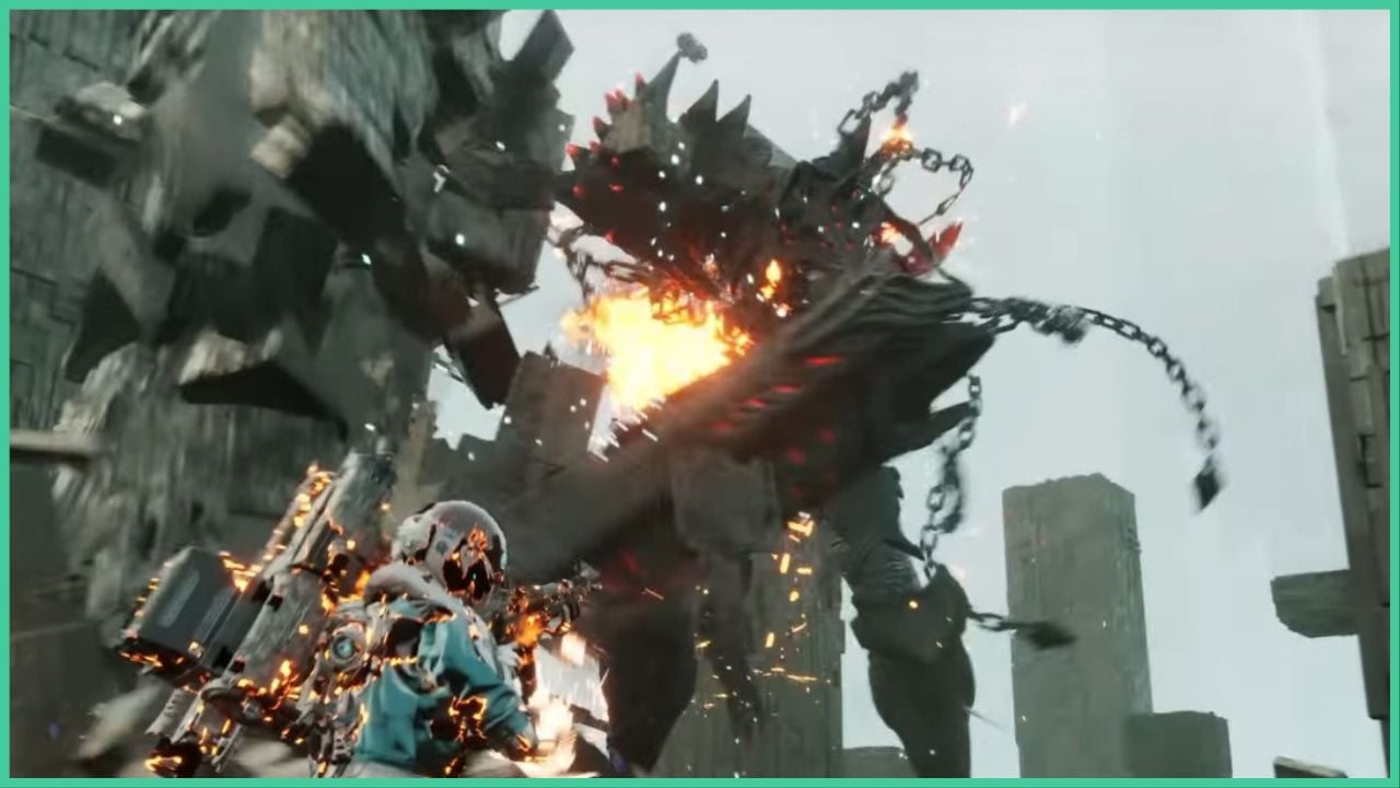 feature image for our the first descendant pyromaniac guide, the image features a screenshot from the game's trailer of valby shooting the pyromaniac boss as he destorys structures, valby is slightly on fire due to the bosses attacks