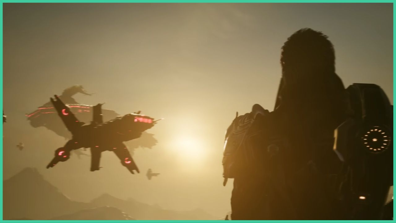 feature image for our the first descendant ultimate lepic build guide, the image features a screenshot from the game's trailer of a character looking out across the sky to watch a glowing ship fly past, the sun is hidden by mist