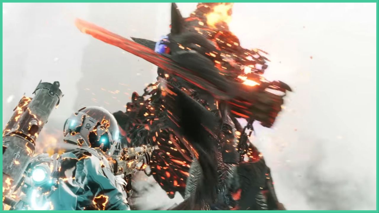 feature image for our the first descendant viessa build, the image features a screenshot from the game's trailer of a character wearing a helmet pointing a gun towards a large monster that is on fire who is about to attack