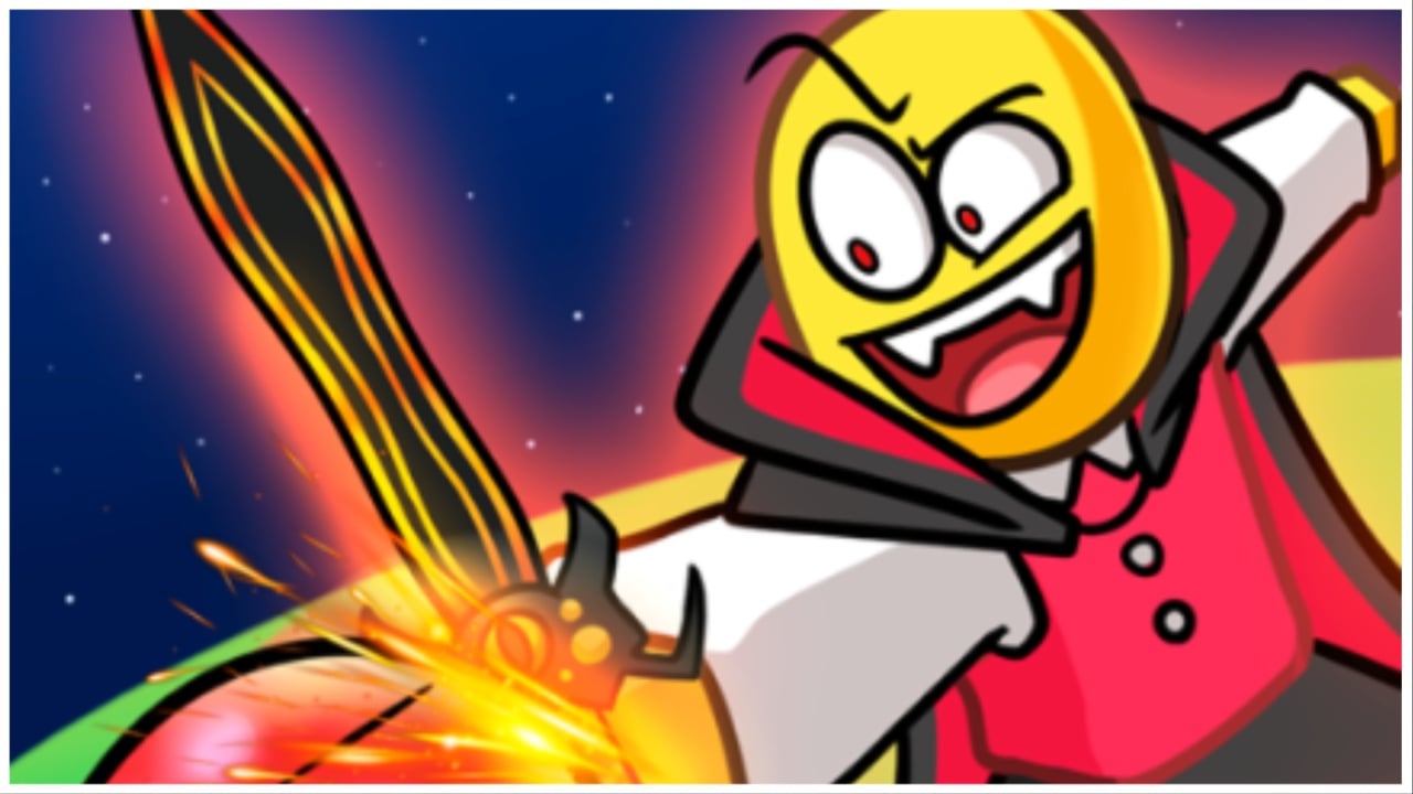 The picture shows the new Halloween icon for blade ball. The original noob is now sporting a Dracula fit with fangs and a flashy sword. The ball is making contact with the blade to be shoved away.