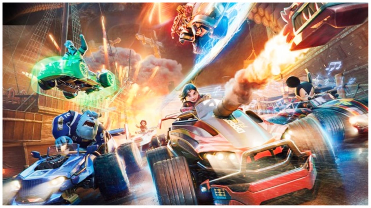 The image shows a bunch of iconic Disney characters in unique and fun looking vehicles speeding towards the viewer in an intense race