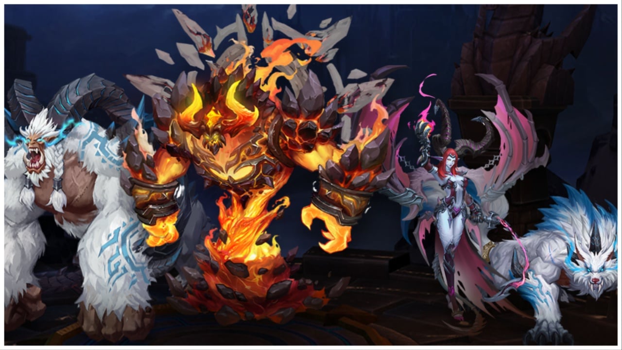 The image shows a line up of the ferocious lieutenants from dungeon hunter 6. From left to right we see the ravager, fire lord, delphyne and demonic wolf