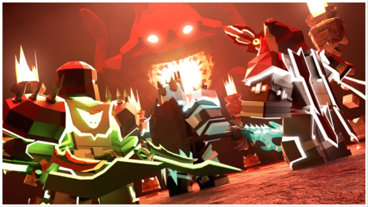 The image shows some players in a vector-style take on Roblox. They all have unique weapons are appear to be heading into a dungeon.