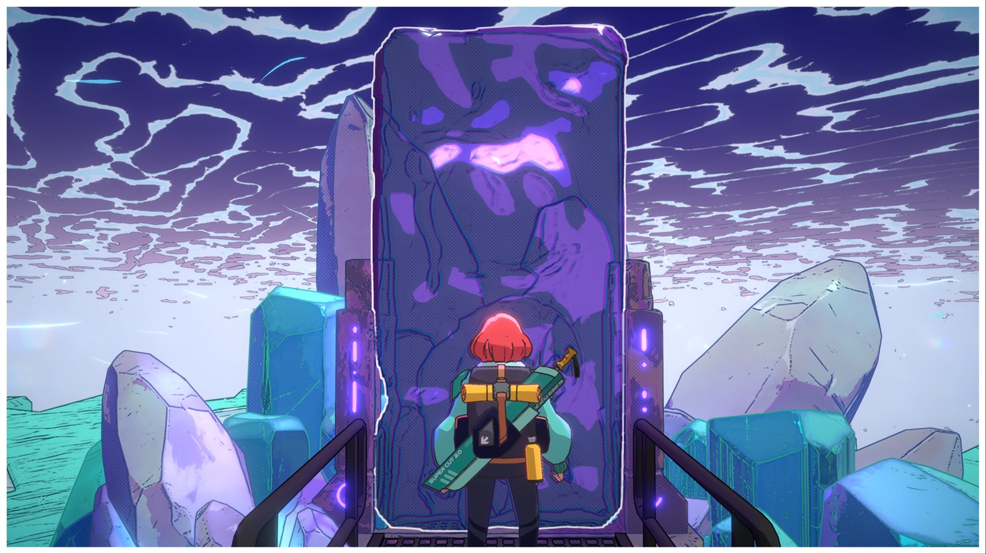 The image shows the main character stood before a purple glowy slab of rock. You can see her snowboard sword fastened to her back as we assume she will be entering the portal-esque.