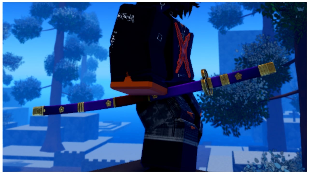 The image shows a player with the sword equipped to the side of him. The sword is a stunning purple with golden decals.