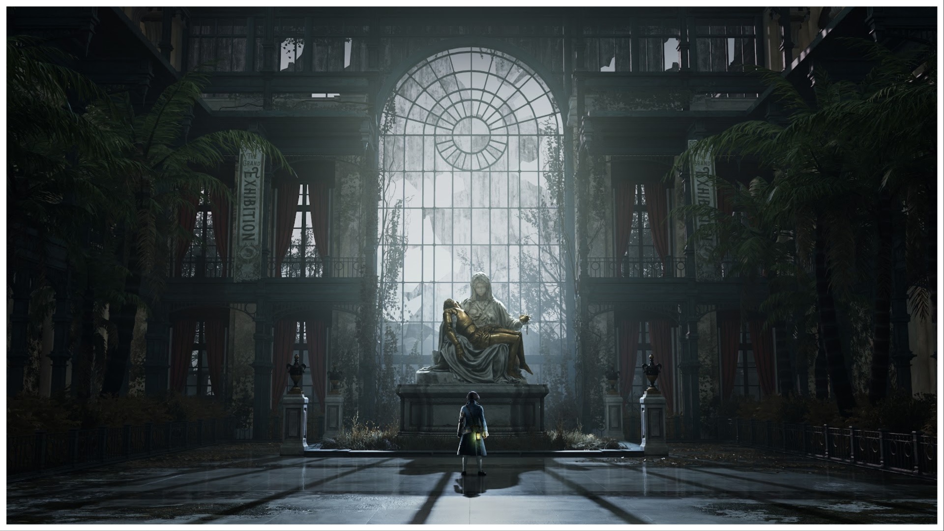The image shows Pinocchio standing before a grand rounded window as soft light pools in. Before him is a worn statue of rock which holds the resting corpse of someone in gold.