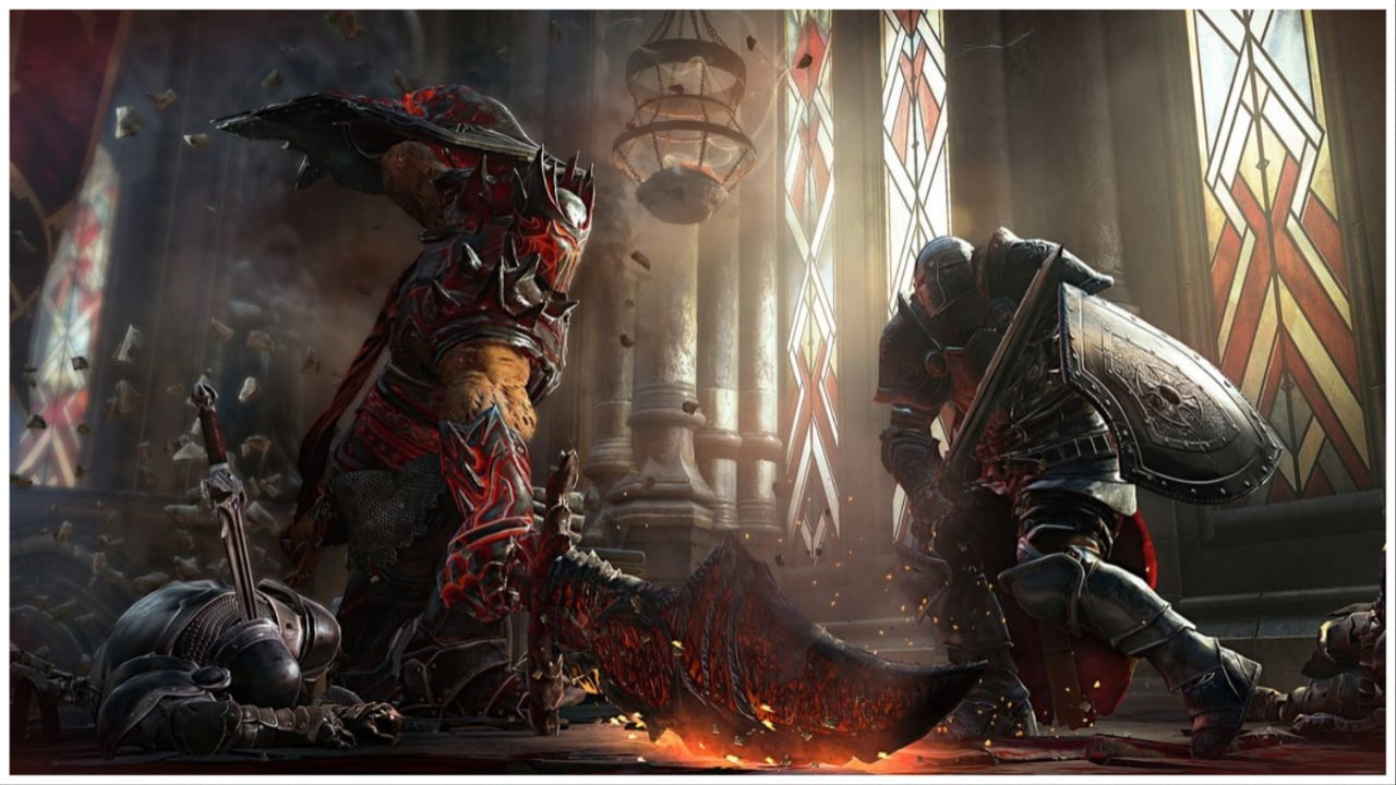 The image shows a battle scene of bloodshed between a fierce hellish creature and a shielded sword-wielder class. The scene takes place indoors where light drips in from stained glass windows.