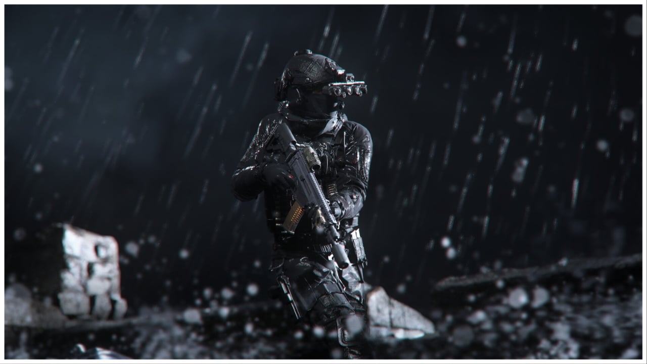 The image is dark and eerie with a fully equipped shooter in the centre looking to the right. He is holding a gun downwards as rain pours. He is also wearing thermal goggles to navigate in the dark.