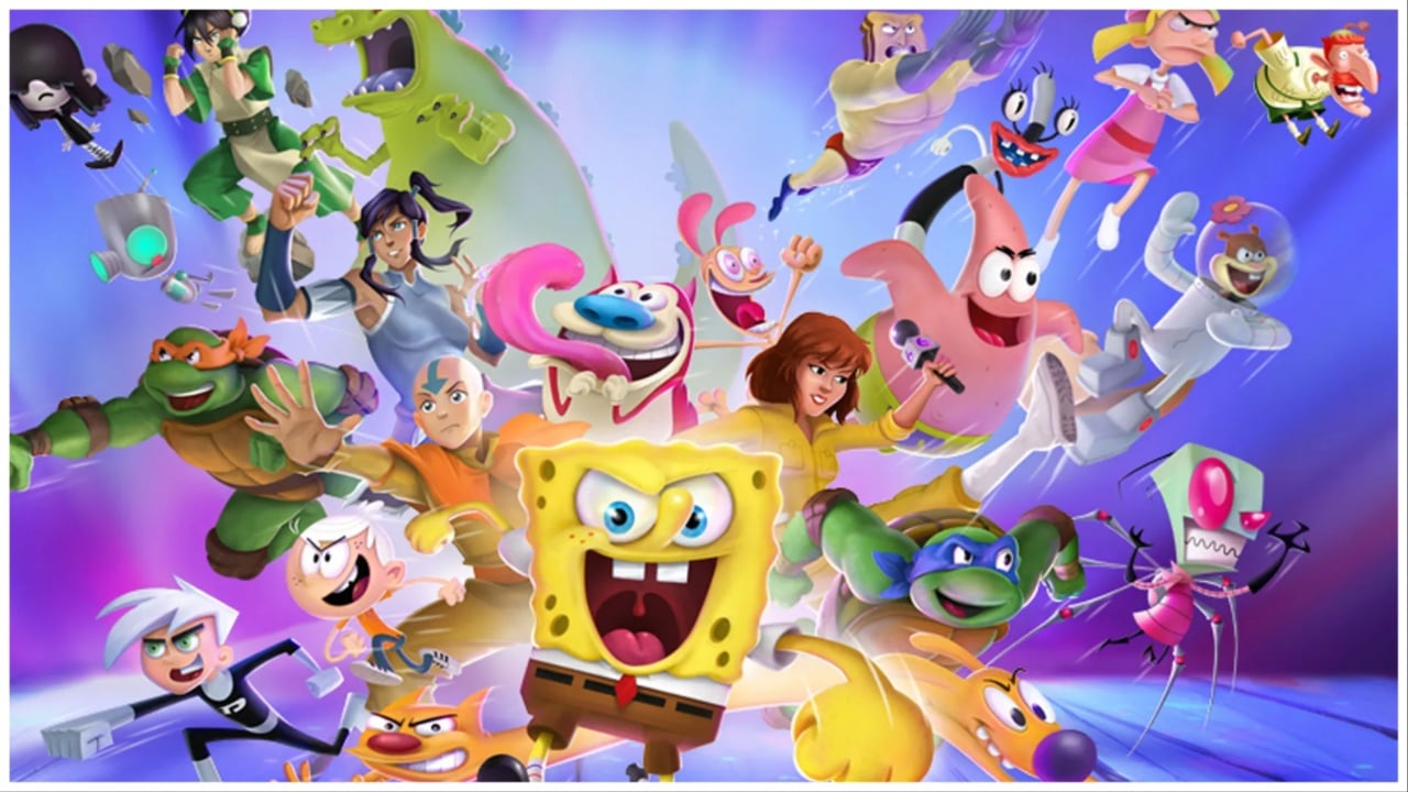 The image shows an array of Nickelodeon characters rushing toward the camera all looking very eager and excited to be a part of this new game! Spongebob is at the fore front of the hoard.