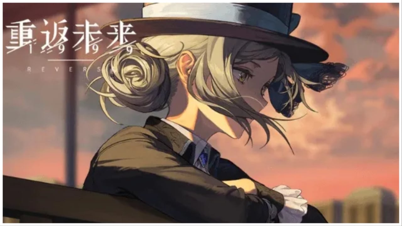 The image shows a girl looking very sobre over a railing. In the background is a pink sunrise or sunset. The girl is wearing a suit with a fancy tophat, her hair is in a messy low space bun.