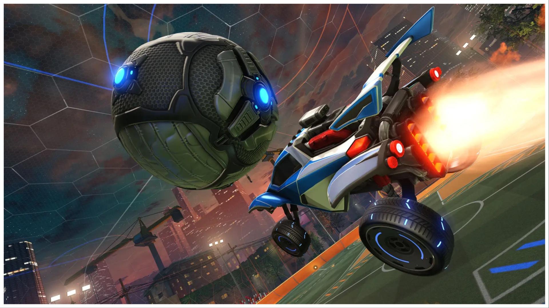 The image shows a buggy slamming into a mechanical-looking football. We can see jet boosters pushing the car forward into the target ball.