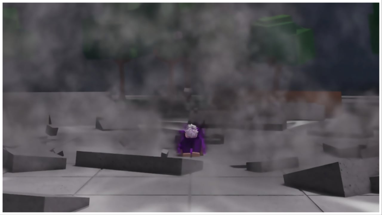 The image shows a player shrouded in purple gas and surrounded by the debris of their impact when landing on the floor.