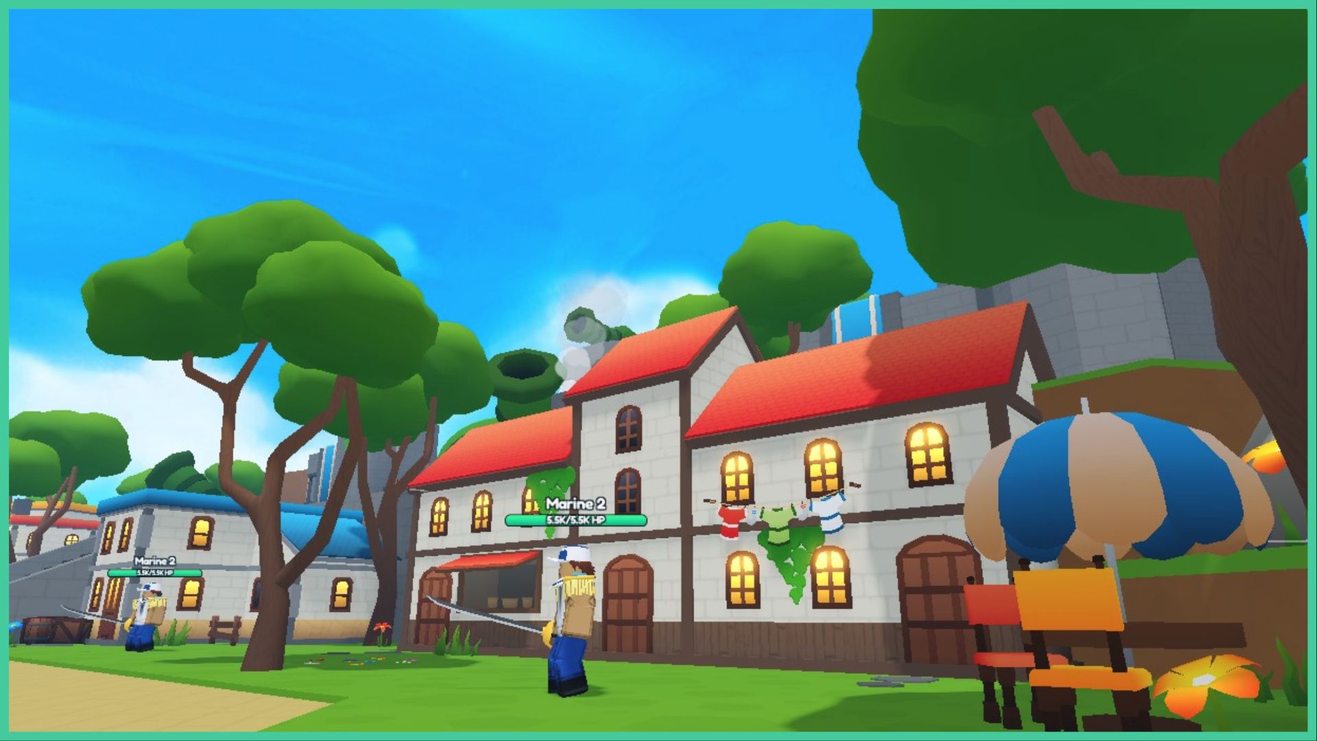feature image for our anime champions simulator blue egg guide, the image features a screenshot from the pirate town with a building that has a clothing line outside two windows that are lit, there is also a table and chairs outside with an umbrella to protect from the shade, while a marine NPC holding a sword stands guard outside, the building is surrounded by tall trees