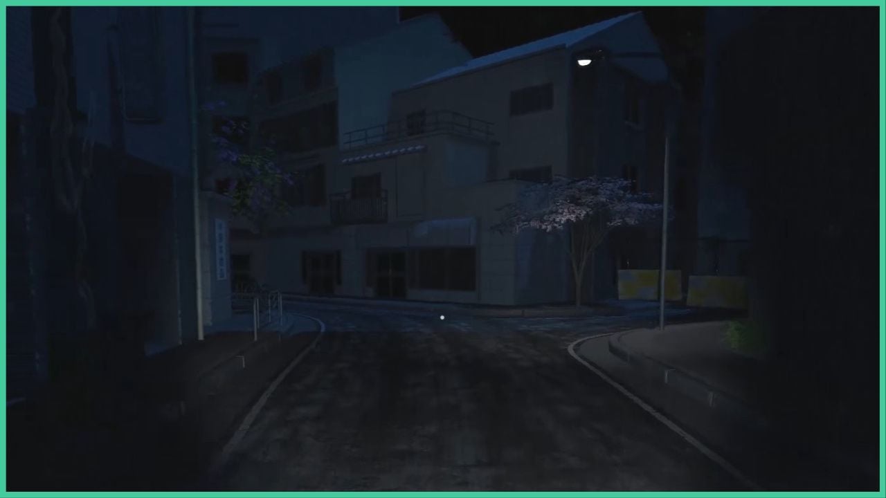 feature image for our blue maiden news, the image features a screenshot from the game's trailer of the player walking through a dark japanese neighbourhood as they light up the street with their flashlight, there are houses surrounding the narrow pavement and road, with a streelamp that is barely lighting the road