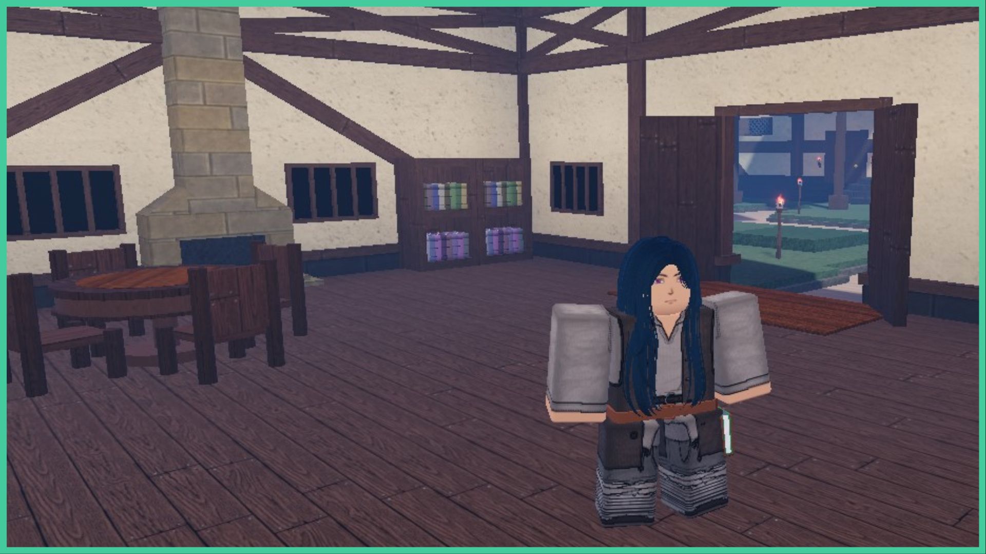 feature image for our clover retribution tier list, the image features a screenshot from the start of the game, of a roblox character in the starter outfit standing in their house, filled with wooden beams to support the walls and ceiling, wooden floorboards, a fireplace, and a wooden table and chairs