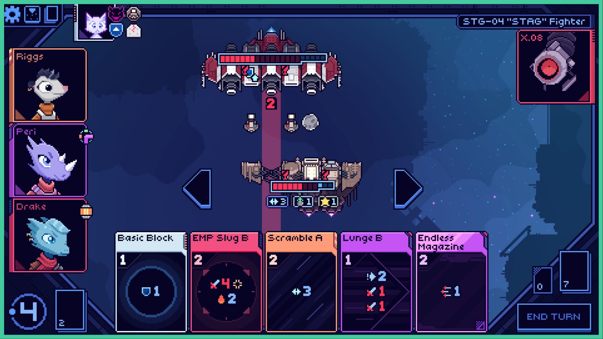 feature image for our cobalt core news, the image features a promo screenshot of a battle from the game, there is a deck of cards while 3 character portraits sit at the side in a column, there are two ships attacking each other in the middle of the screen, with the bottom ship being the player's ship