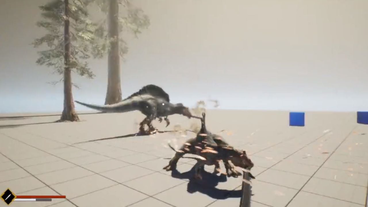 Feature for our DinoBlade news. It shows a screen from a prototype gameplay video showing two dinosaurs dueling with swords.