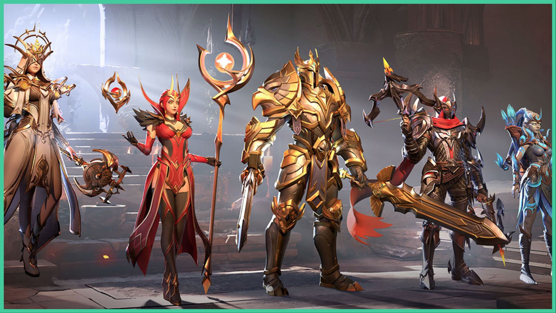 feature image for our dungeon hunter 6 tier list, the image features promo art for the game of a class selection screen, from the left is the boon sister as she floats in the air holding her staff, then the mage holding her staff with a floating arcane orb in the other hand, then there is the warrior holding his sword while wearing golden armor, the assassin is to the right of him holding his crossbow, with the archer to the right as she looks ahead