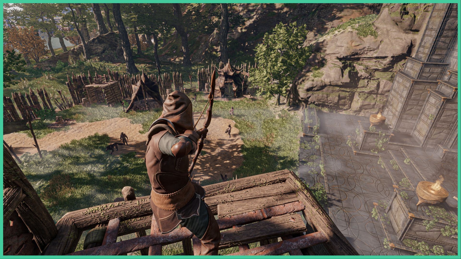 feature image for our enshrouded demo news, the image features a promo screenshot from the game of a character standing on a wooden platform as they aim their bow and arrow towards the enemies below, the environment around them is mostly made up of large trees, grass, and wooden structures that resemble a camp, there are stone steps to the right that lead to a stone building, with two bowls lit on fire at either side