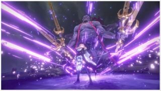 image of a character from fate samurai remnant standing still while summoning a giant creature with 4 arms, holding a sword in each of them, they are surrounded by purple beams