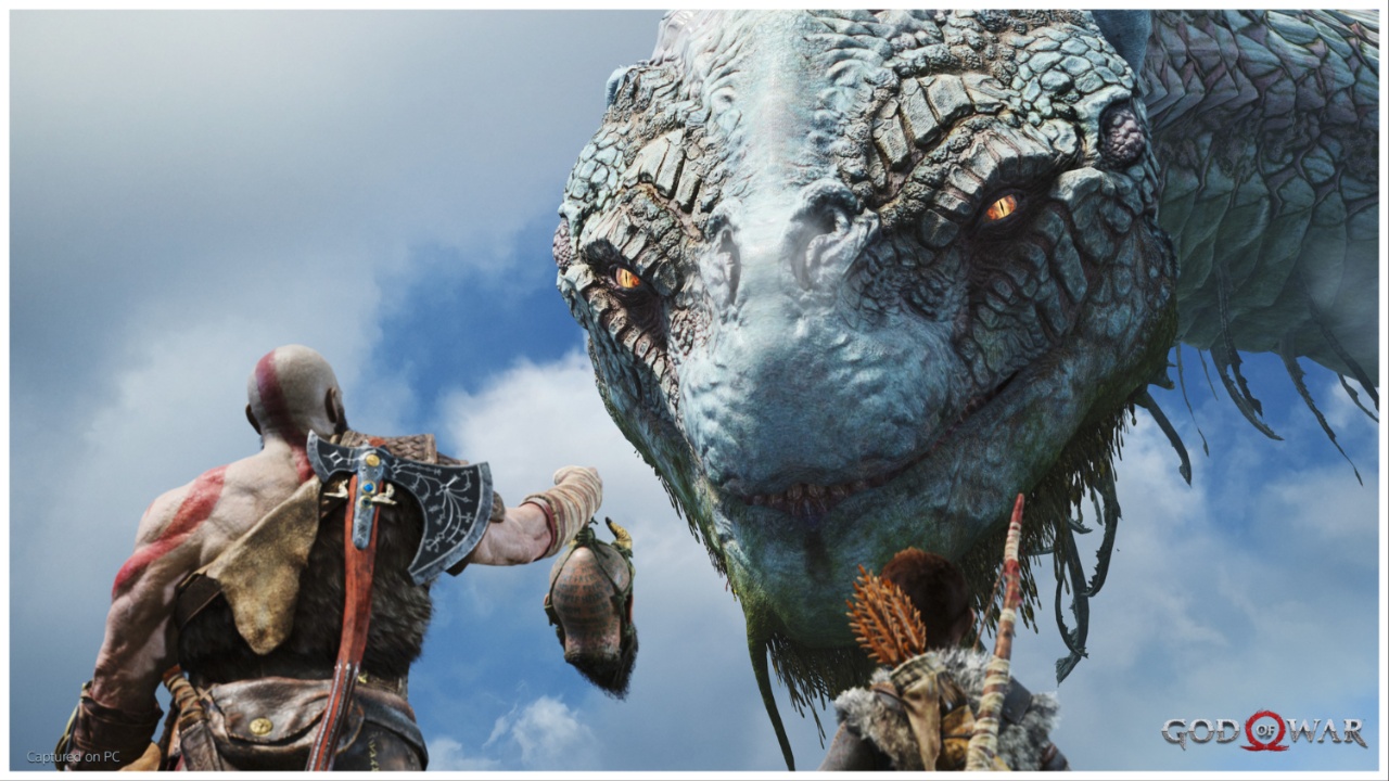The image shows Kratos holding up the head of his friend to a great beast. Both Kratos and Atreus have their backs to the viewer. We get to see a clear shot of the beast who is reptilian with blue scales and creepy black eyes