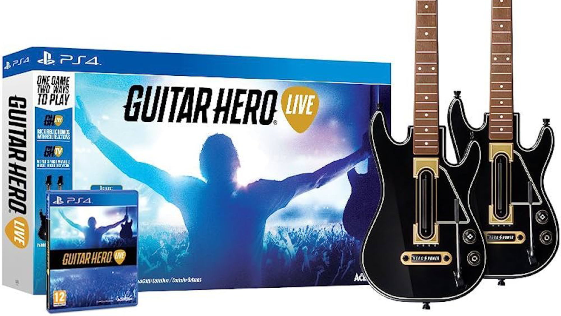 The official Guitar Hero Live box and guitar controllers.