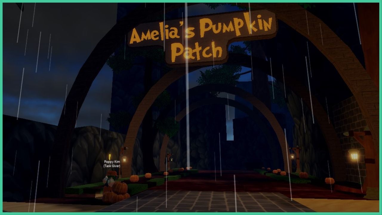 feature image for our haze piece totem guide, the image features a screenshot from the game of amelia's pumpkin patch, shown by the large wooden sign above the pumpkin patch, with Poppy Kim standing by a pile of pumpkins, the rain is pouring on the pumpkin patches as wooden arches stand above them