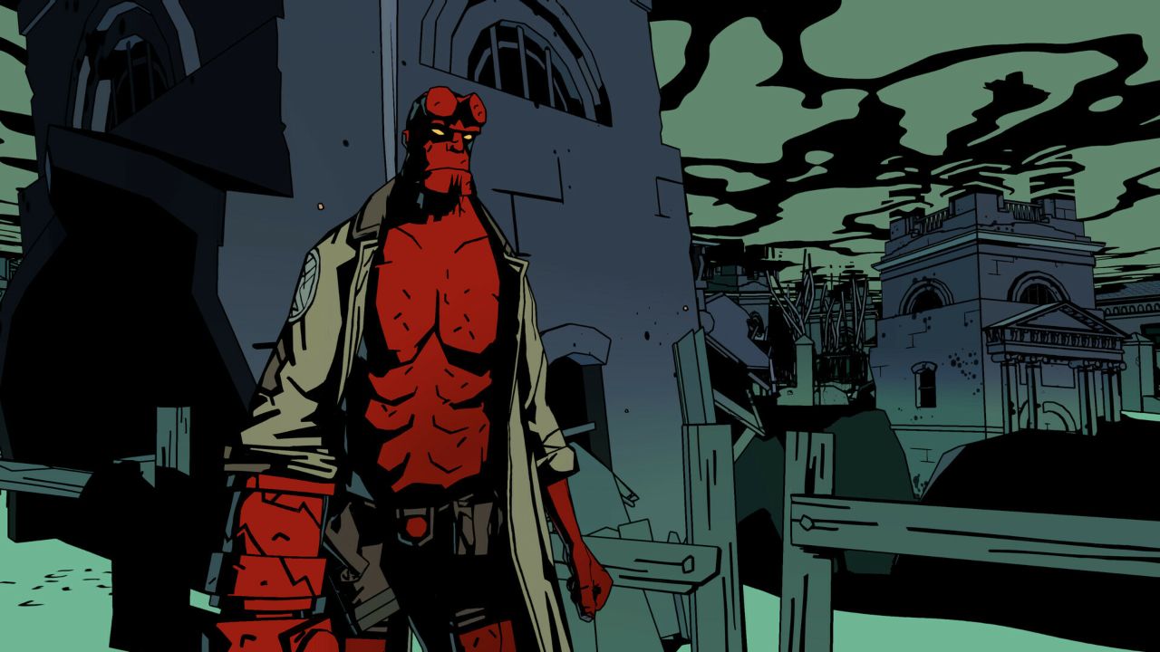 Feature image for our Hellboy Web Of Wyrd news piece. It shows an in-game screen of Hellboy stood in a strange landscape, covered in ruins, with a green and black sky.