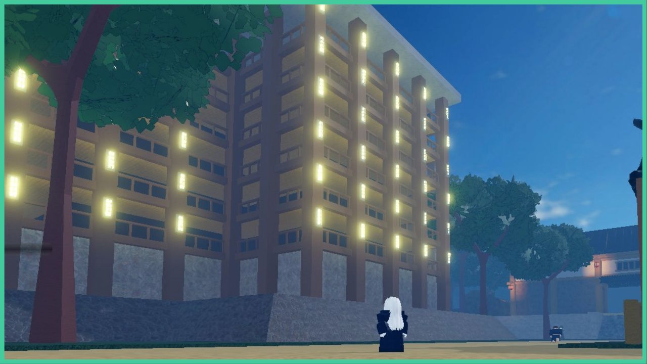 feature image for our jujutsu chronicles cursed techniques guide, the image features a screenshot from the game of a player wearing the jujutsu uniform as they look toward a tall building that looks like an apartment block as a tall tree stands next to it